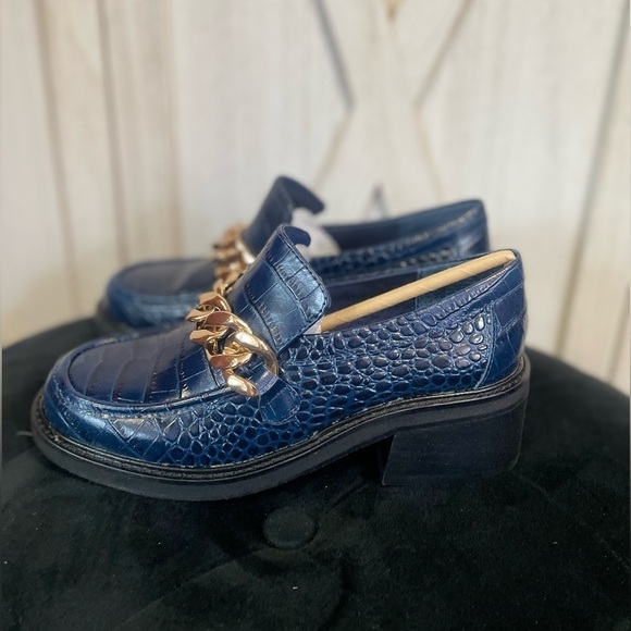 Aqua Blue Crocodile Lena Chunky Heeled Loafers Size 5 - Picture 2 of 11
